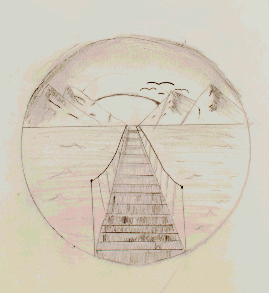 Drawing of a bridge to a mountain